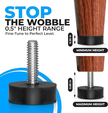 12 Pack All-Rubber 1/4"-20 UNC Leveling Feet with Inserts, Adjustable Levelers for Table Chair Stool Legs - 0.35" to 0.85" Height Range, Anti-Slip