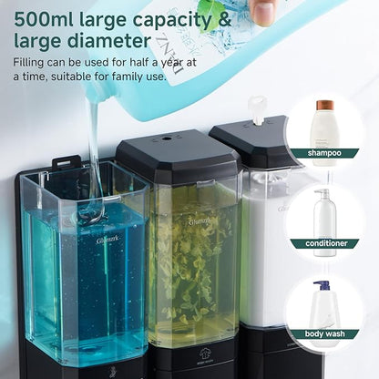 Shampoo and Conditioner Dispenser Wall Mounted No Drill, Shower Soap Dispenser 3 Chamber Shampoo Conditioner Body Wash Refillable 3 * 17oz Shower Soap Dispenser for Bathroom Hotel, Black+Clear