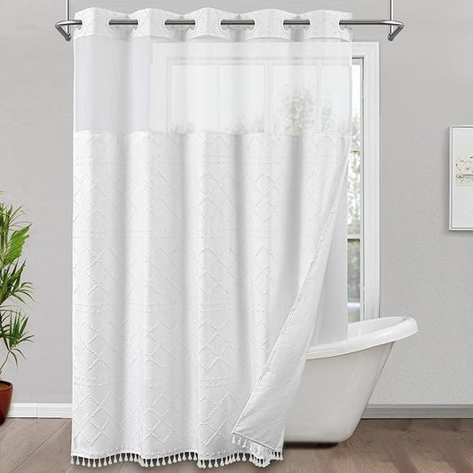 ROSERY No Hook Shower Curtain with Snap in Fabric Liner Set, Boho Farmhouse Jacquard Tufted Geometric Striped Shower Curtain for Bathroom with Tassel, Trellis Pattern, 71" W x 74" L