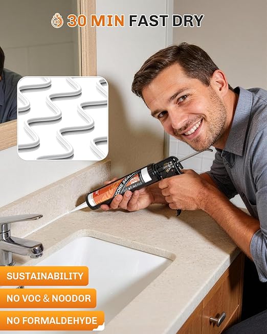 WELLUCK White Silicone Caulk, 100% Waterproof Silicone Sealant Adhesive Caulking,for RV, Kitchen,Bathroom, Window, Door, Glass,10.2FL.OZ/300ML (4-Pack)