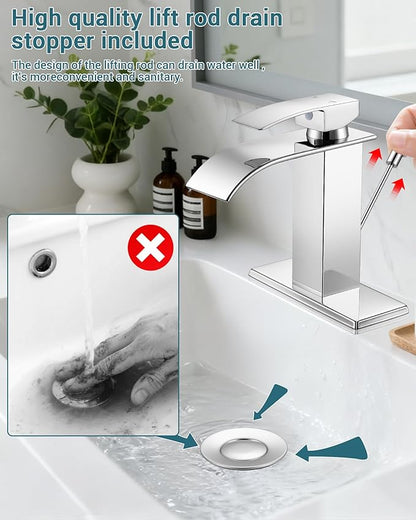 Bathroom Faucets with Lift Rod Drain Chrome Waterfall Bathroom Sink Faucet Modern Single Handle Bathroom Faucet for 1 or 3 Hole Mxier Tap Washbasin Faucet with Deck