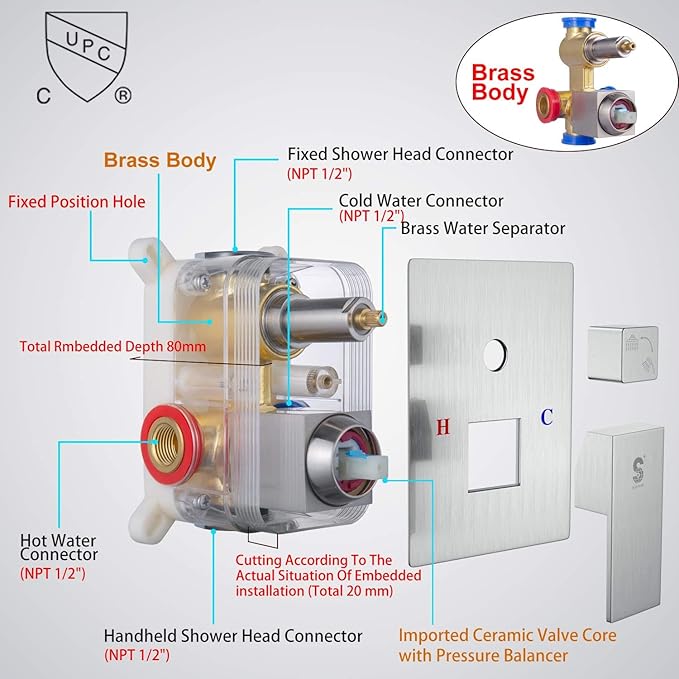 SR SUN RISE 16 Inches Brushed Nickel Shower System Bathroom Luxury Rain Mixer Shower Combo Set Ceiling Mounted Rainfall Shower Head Faucet (Contain Shower Faucet Rough-In Valve Body and Trim)