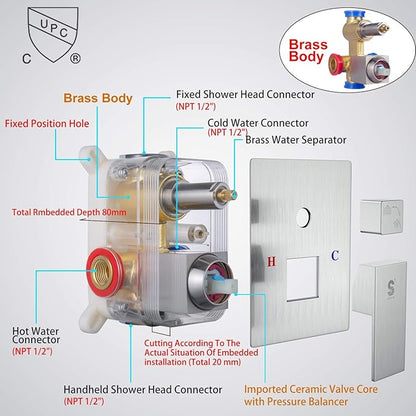 SR SUN RISE 16 Inches Brushed Nickel Shower System Bathroom Luxury Rain Mixer Shower Combo Set Ceiling Mounted Rainfall Shower Head Faucet (Contain Shower Faucet Rough-In Valve Body and Trim)