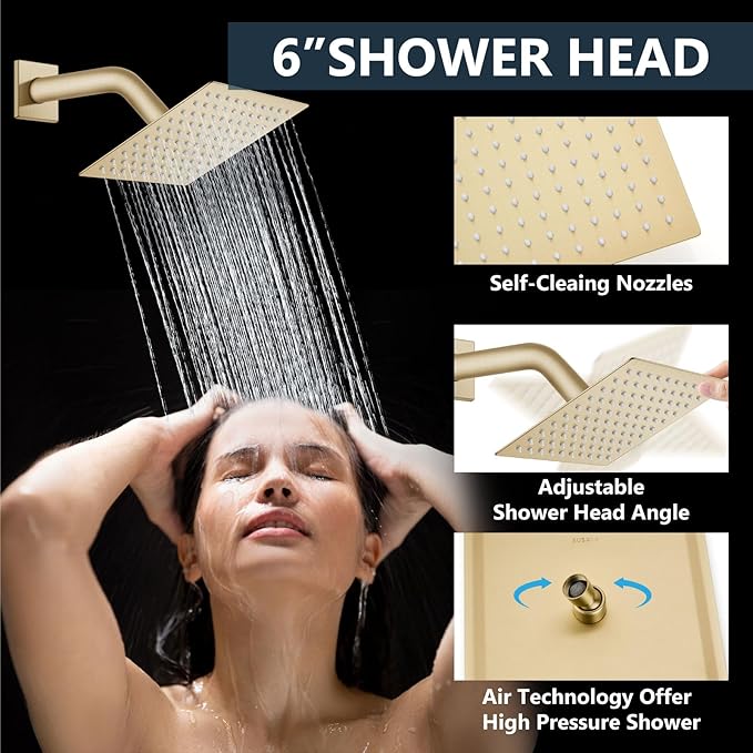 Aolemi Shower Faucet Set Ceiling Mount Shower System Rough-in Valve and Shower Trim Kit 10 and 6 Inch Dual Shower Head 2 in 1 Handheld Spray Push Button Diverter Brushed Gold