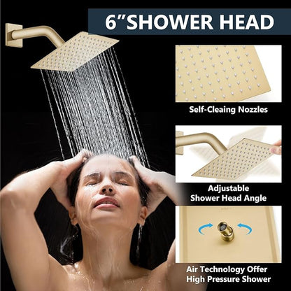Aolemi Shower Faucet Set Ceiling Mount Shower System Rough-in Valve and Shower Trim Kit 10 and 6 Inch Dual Shower Head 2 in 1 Handheld Spray Push Button Diverter Brushed Gold