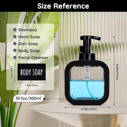 Segbeauty 10.1oz Black Foaming Soap Dispenser, 300ml Square Foam Bottle Dispenser for Bathroom, Plastic Refillable Dish Soap Dispenser for Kitchen, Shower Shampoo Hand Wash Foamer Bottle with Labels