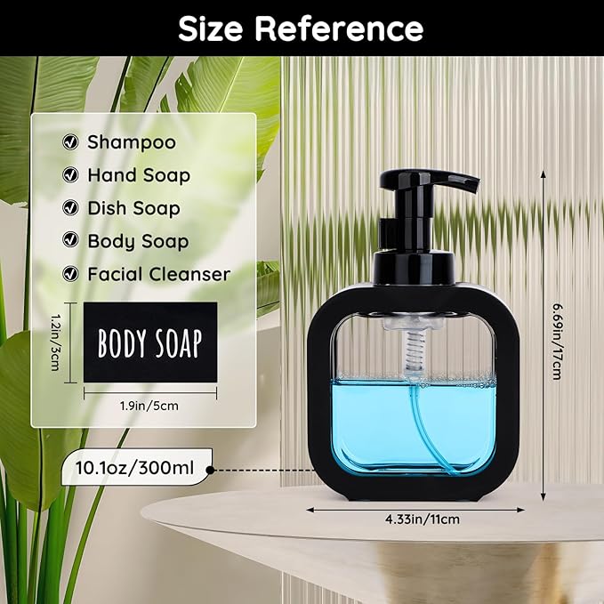 Segbeauty 10.1oz Black Foaming Soap Dispenser for Bathroom, 3pcs 300ml Empty Square Refillable Dish Soap Dispenser for Kitchen Sink Cleaning, Plastic Shampoo Shower Pump Bottles Dispenser with Labels