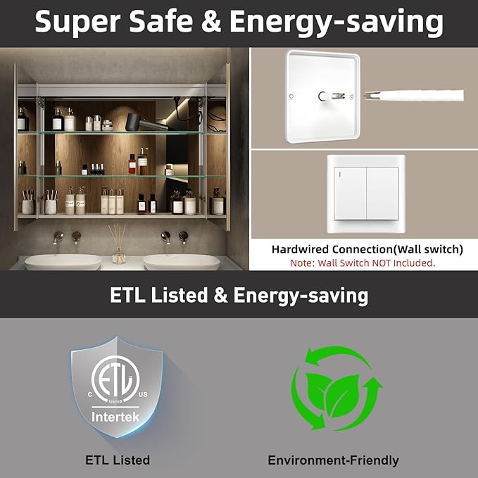 Medicine Cabinet with LED Lights and Mirror, 36 x 32 Inch Surface or Recessed Mounted Bathroom Cabinets with Door, Defogger, Memory Function, 3-Color Mode, Outlet&USB, Dimmer, Storage Shelf