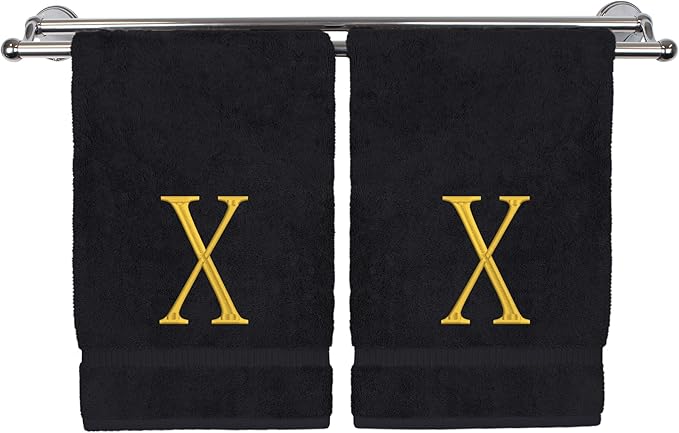 Monogrammed Hand Towel, Personalized Initial Gift, Extra Absorbent 100% Turkish Cotton - Soft Terry Finish - Set of 2 - Gold Block Initial X - Embroidered on Black Towels