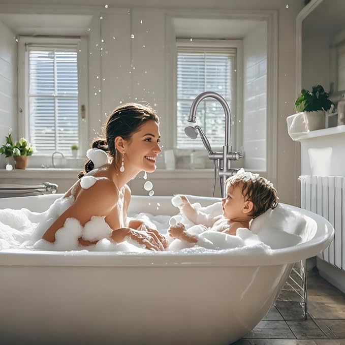 Freestanding Bathtub Faucet, Floor Mount Tub Faucet Brushed Nickel High Flow Tub Filler, Roman Tub Faucet with Antique Handheld, Swivel Gooseneck Spout Shower Mixer Taps (B2311-BN)