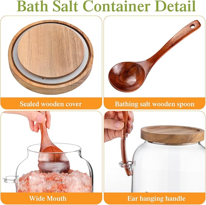 2 Pcs 94 oz Bath Salts Glass Jar with Wooden Lid, Bath Salt Container with Scoop, Airtight Storage Bathtub Accessories for Women