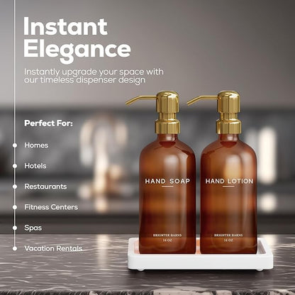 Luxury Glass Soap and Lotion Dispenser Set with Tray by Brighter Barns - Hand Soap Dispenser Bathroom Set w/Stainless Steel Pump - Gold Bathroom Decor for Guest House, Airbnb, Spa, Gift (Amber/Gold)