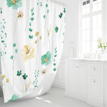 Gibelle Watercolor Floral Shower Curtain, Mint Green Beige Flower Shower Curtain for Bathroom, Modern Minimalist Waterproof Fabric Shower Curtain Set 72x72 Inch