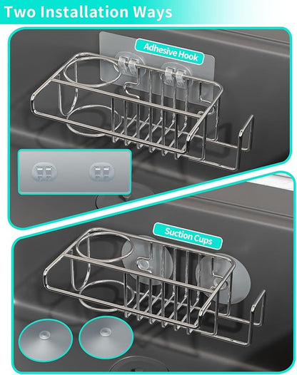 HapiRm Sink Caddy Sponge Holder - No Drill Sponge Caddy for Kitchen, Rustproof and Waterproof Kitchen Sink Organizer - Silver（2-Pack）