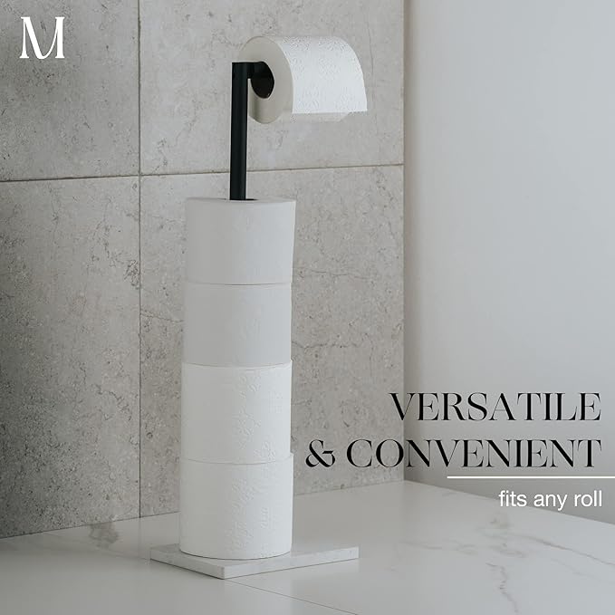 MARMOLUX ACC Free Standing Matte Black Toilet Paper Holder Stand White Marble Base and Storage - 4 Jumbo Roll Bathroom Hardware Toilet Tissue Organizer - Stainless Steel Bathroom Decor Accessory
