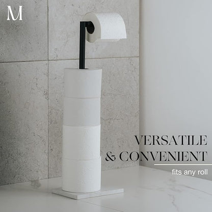 MARMOLUX ACC Free Standing Matte Black Toilet Paper Holder Stand White Marble Base and Storage - 4 Jumbo Roll Bathroom Hardware Toilet Tissue Organizer - Stainless Steel Bathroom Decor Accessory