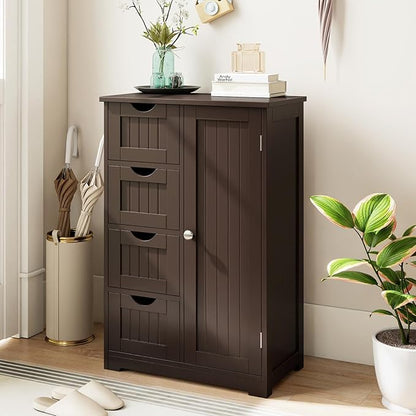 Tangkula Bathroom Floor Cabinet, Freestanding Storage Cabinet with 4 Drawers & Single Door, Adjustable Shelf, Multipurpose Bathroom Storage for Home Office, 21.5 x 12 x 32.5 Inches (Coffee)
