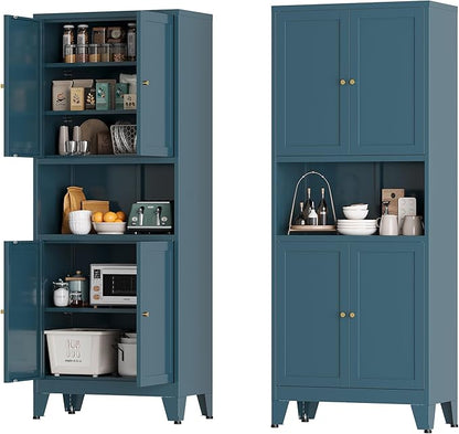 Metal Pantry Cabinet, Tall Kitchen Cabinet with 4 Doors & Adjustable Shelves,69" Blue Freestanding Storage Cabinets with Microwave Stand Cupboard for Living Room,Dining Room,Home