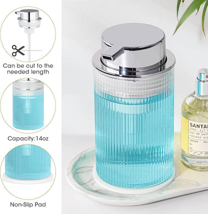 NiHome 14oz Ribbed Glass Foaming Hand Soap Dispenser, High-Capacity Easy to Refill for Home & Commercial Use, Clear Foaming Soap Dispenser for Bathroom, Kitchen with Large Foam Pump & Non-Slip Mat