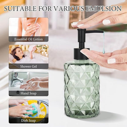 Green Glass Soap Dispenser, 11 Oz/330ml Liquid Hand Lotion Dispenser Set for Kitchen Sink and Bathroom, Dish Soap Dispenser Set, Lotion Glass Lotion Bottles with Black Pump (Army Green)