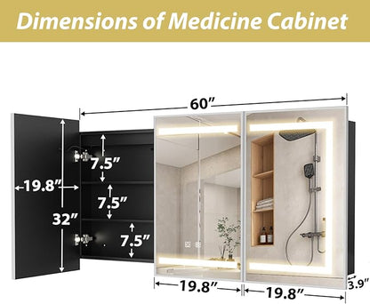 APRILSOUL 60X32 Inch Silver Bathroom Medicine Cabinet with Mirror, Recessed or Surface Lighted Medicine Cabinet with 3 Colors Temperature, Dimmable Light