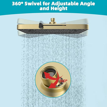 Hibbent 5 Spray Modes Shower Head, 13'' High Pressure Rain Shower Head, Large Rainfall Showerhead for Bathroom, High Flow Waterfall Fixed Showerheads with Adjustable Swivel Ball Joint, Brushed Gold
