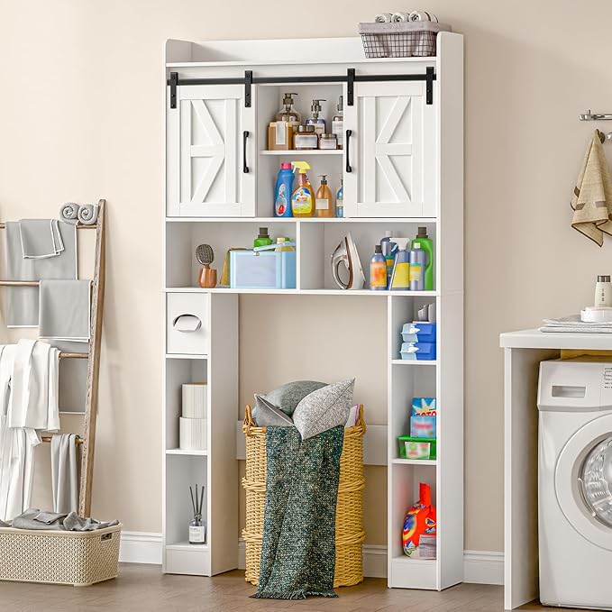 Farmhouse Storage Cabinet Over Toilet with Sliding Doors，Over The Toilet Storage Cabinet, Home Space-Saving Toilet Rack, for Bathroom, Restroom, Laundry.