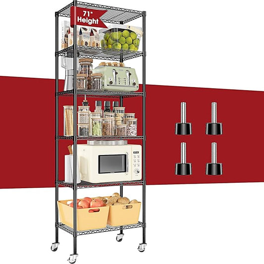 6-Tier Rolling Storage Shelves, 14" D x 24" W x 71" H Adjustable Space-Saving Wire Rack Shelving, 750 lbs Capacity Heavy Duty Metal Shelving with Wheels for Garage, Closet, Kitchen