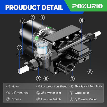 6GPM RV Water Pump, 70PSI 110V DC Fresh Water Pump, Self-Priming Diaphragm Water Pump with Pressure Switch and Filter for RV, Garden, Yacht, Camping