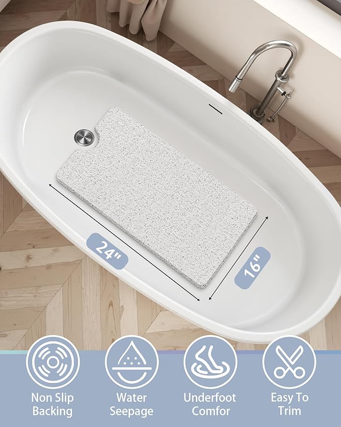 Non Slip Shower Mats for Inside Shower,16x24 Inch,Anti-Slip Bathtub Mats for Bathroom, Foot Scrubber Loofah Bath Mats for Shower, Quick Drying Shower Stall Mats for Wet Areas (White)