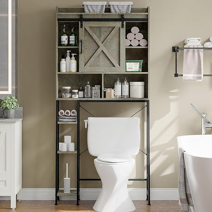 Vabches Over The Toilet Storage Cabinet, Farmhouse Storage Cabinet Over Toilet with Sliding Door & Toilet Paper Holder Stand, Home Space-Saving Toilet Rack for Bathroom, Restroom