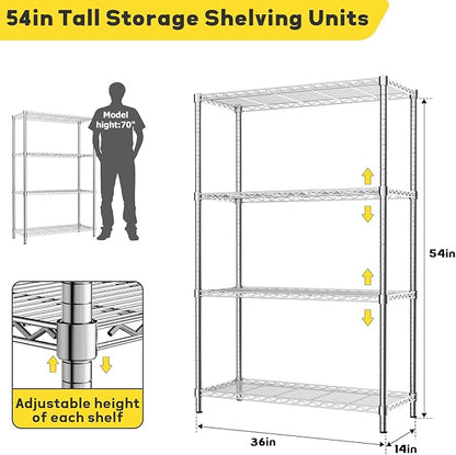 Storage Shelves Heavy Duty, 36" L x 14" W x 54" H Garage Wire Shelving Unit Loads 1400LBS, 4-Tier Adjustable Metal Industrial Utility Shelf Rack for Kitchen, Laundry Room, Pantry, Warehouse, Basement