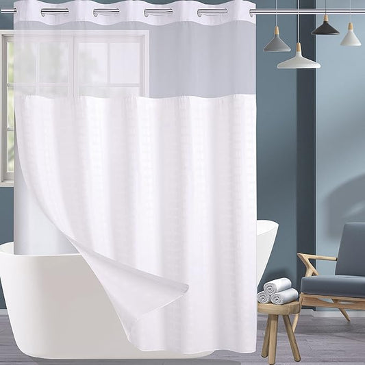 Conbo Mio Extra Long No Hook Shower Curtain with Snap in Liner Set, Hotel Luxury White Fabric Shower Curtains for Bathroom with See Through Top Window, Washable, Waterproof 71W x 84H
