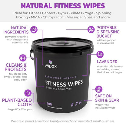 Wipex Gym Wipes – Natural Fitness Equipment Wipes, Plant-Based Cloth - Lavender & Vinegar to Clean Surfaces, Safe Yoga Mat Cleaner, All Purpose Gym Cleaner, Peloton Bikes, 400 Count (2 Pk)