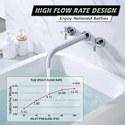 SUMERAIN Tub Filler Wall Mounted Tub Faucet High Flow Bathtub Faucet Chrome Finish with Rough in Valve, Extra Long Spout and Cross Handles