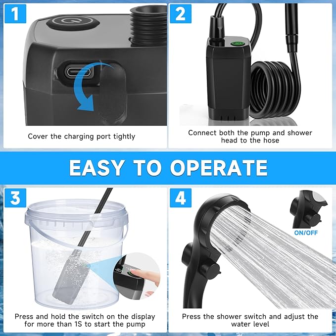 Portable Shower for Camping, Rechargeable Camping Shower Pump with LED Display of Battery Level and Temperature