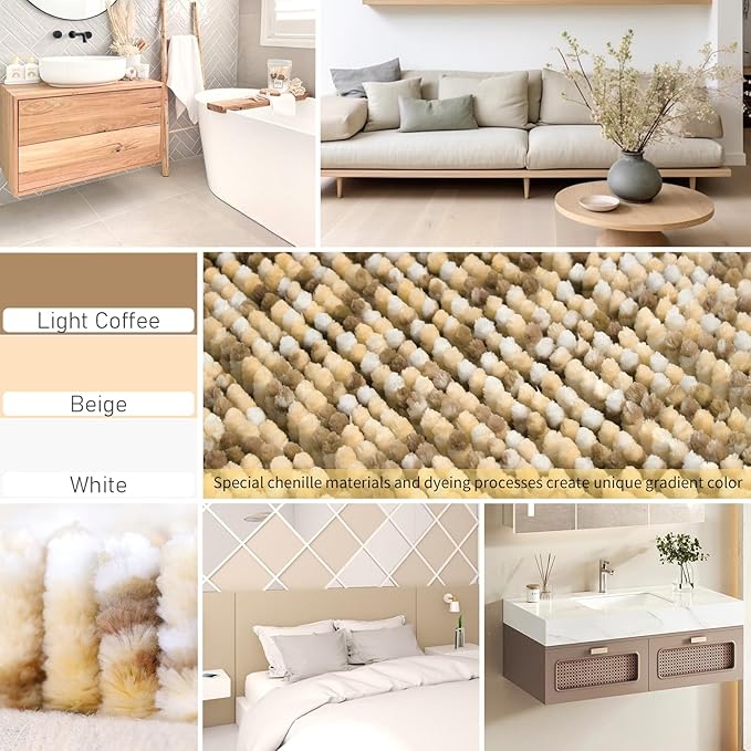 Yimobra Bath Mats for Bathroom Non Slip, 31.5x20, Extra Soft Chenille Bathroom Rugs, Fluffy Plush Luxury Shower Mat Outside, Water Absorbent, Machine Washable, Sink and Tub, Beige & Light Coffee
