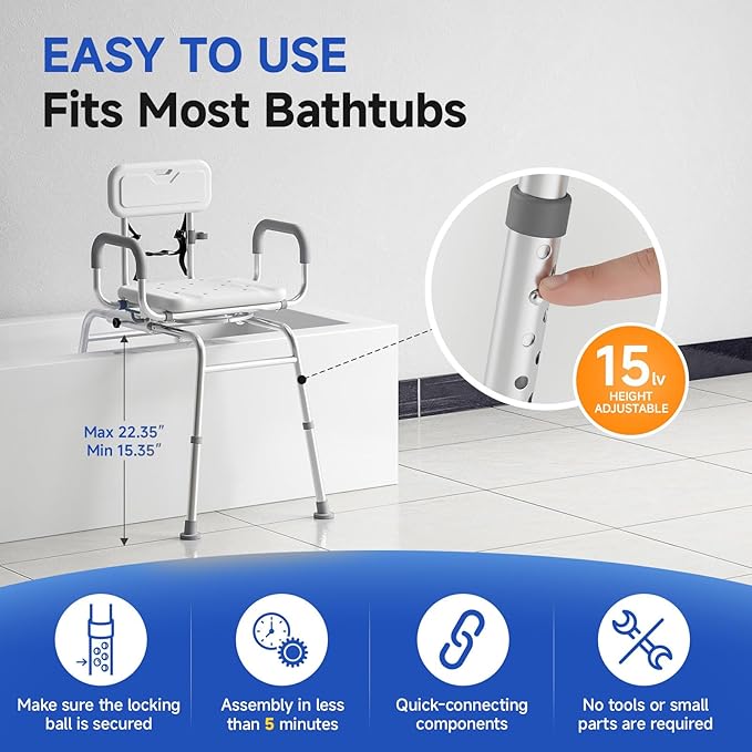 Sliding Shower Chair with Swivel Seat, Tub Transfer Bench for Elderly & Disabled, Adjustable Shower Chair with Arms & 350lb Capacity