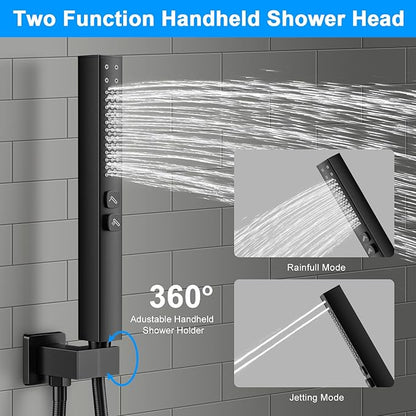 Shower Faucet Set, 3-Setting Push Button Matte Black Shower System, 12 Inch Ceiling Mounted Shower Head, 6 Inch Wall Mounted Rain Shower Head with 2 in 1 Handheld Spray, Shower Valve Trim Kit