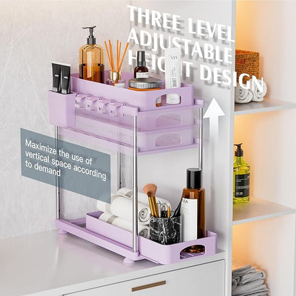 VERIFOST Under Sink Organizer - 2 Pack Adjustable Height, 2 Tier Organizers for Bathroom & Kitchen Sink, Purple