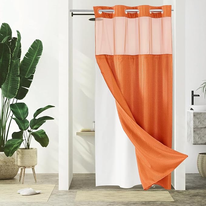 Gibelle Stall Small Shower Curtain 36x74, Waffle Weave Shower Curtain with Snap-in Fabric Liner Set, No Hooks Needed, Hotel Style with Mesh Top Window, Burnt Orange