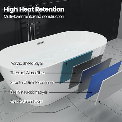 GarveeLife Freestanding Bathtubs 67 inch Acrylic Free Standing Soaking Tub, Freestanding Bathtub with Chrome Drain, Modern Free Standing Tub for Relaxing Soaking Tub Experience and Bathroom Remodel