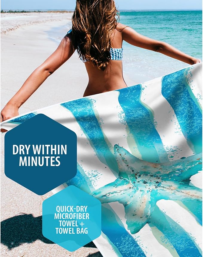 VENTURE 4TH Microfiber Beach Towel: Quick-Dry, Compact, Sand-Free, Absorbent, Sandproof and Lightweight - Perfect for Camping, Beach, and Roadtrips (Striped Starfish Design | 35x78 inches)