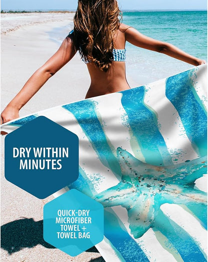 VENTURE 4TH Microfiber Beach Towel: Quick-Dry, Compact, Sand-Free, Absorbent, Sandproof and Lightweight - Perfect for Camping, Beach, and Roadtrips (Striped Starfish Design | 35x78 inches)