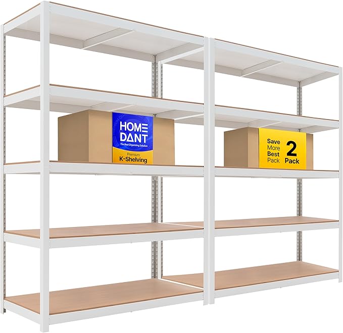 HOMEDANT House 5 Tier Laminated Metal Shelving Unit Adjustable Storage Utility Rack Heavy Duty Shelves Organization Multipurpose Shelf Kitchen Garage Pantry Closet (2, (XL Deep) 48.1" W, White)