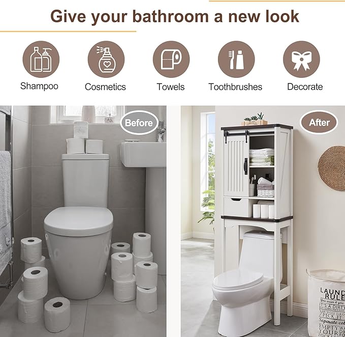 Over The Toilet Storage Cabinet, Farmhouse Storage Cabinet with Adjustable Shelves and Sliding Barn Door, Free Standing Over Toilet Bathroom Organizer (Antique White)