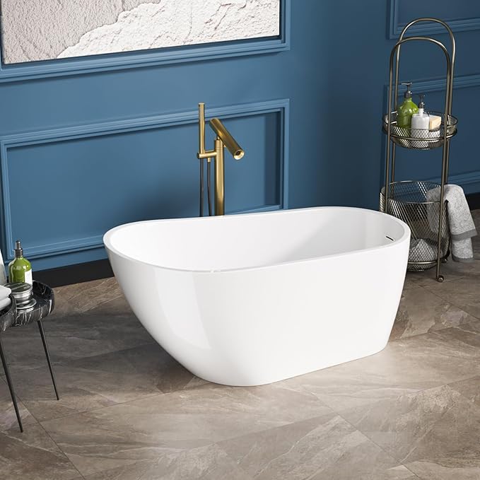 Sarlai 59 Inch Acrylic Freestanding Soaking Bathtub Contemporary Soaking White Tub Stand Alone Ergonomic Bathtub with Chrome Drain and Overflow