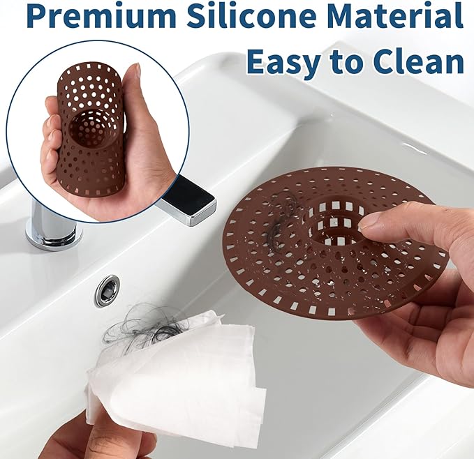 Bathtub Drain Hair Catcher,Tub Shower Drain Hair Trap/Strainer,3PCS Silicone Collapsible Tub Hair Catcher Drain Protector Designed for 1.47" to 1.75'' Regular Drains(Coffee)