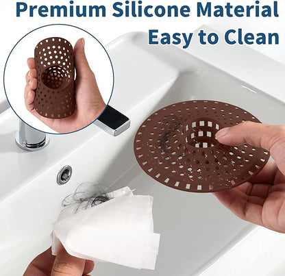 Bathtub Drain Hair Catcher,Tub Shower Drain Hair Trap/Strainer,3PCS Silicone Collapsible Tub Hair Catcher Drain Protector Designed for 1.47" to 1.75'' Regular Drains(Coffee)