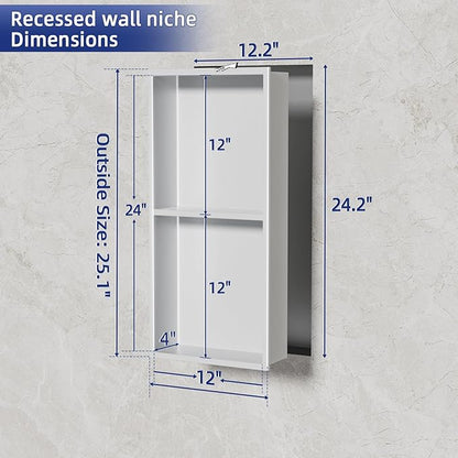 No Tile Needed Shower Niche - 304 Stainless Steel Recessed Bathroom Shelf, 2-Tier Waterproof Organizer (White, 24 Inches X 12 Inches, 2)